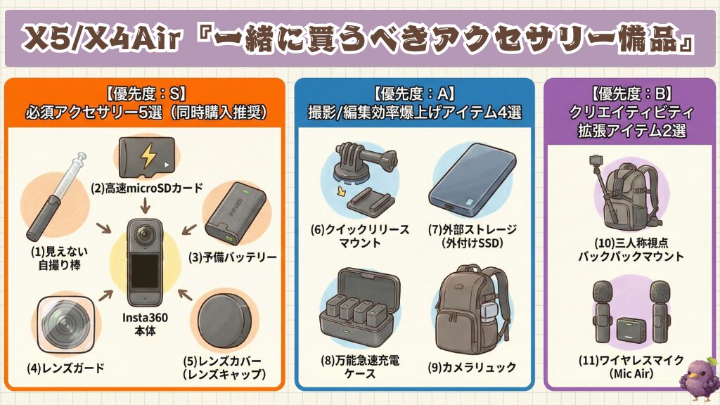 【初心者必見】「Insta360 X5/X4 Air」と一緒に買うべきアクセサリー11選｜失敗しない同時購入ガイド